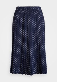 Marinblå kjol med vita prickar, plisserad design, elastisk midja och en svävande silhuett. Tillverkad av lättviktsmaterial.