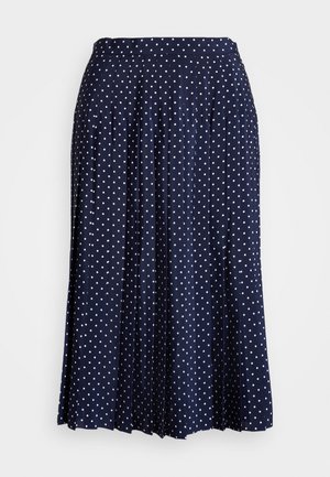 Marineblauwe rok met witte stippen, gepliceerd ontwerp, elastische tailleband en een vloeiende silhoeët. Gemaakt van lichte stof.