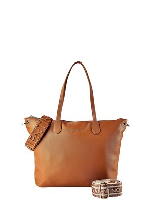 Braune Valentino Handtasche aus Leder mit zwei Griffen, einem abnehmbaren, mit Nieten besetzten Riemen und einem Stoffriemen mit Valentino-Logo.