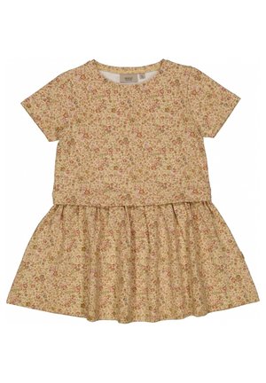 Robe beige à manches courtes avec petit motif floral rose et marron et jupe froncée, adaptée aux jeunes enfants.
