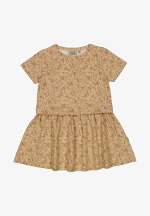 Beige kjole med korte ærmer med lille pink og brun blomsterprint og rynket nederdel, egnet til små børn.