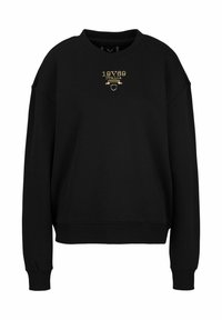 Black sweatshirt with a crew neckline, drop shoulders, and ribbed cuffs. Features gold embroidery reading "19V69 ITALIA" on the front.