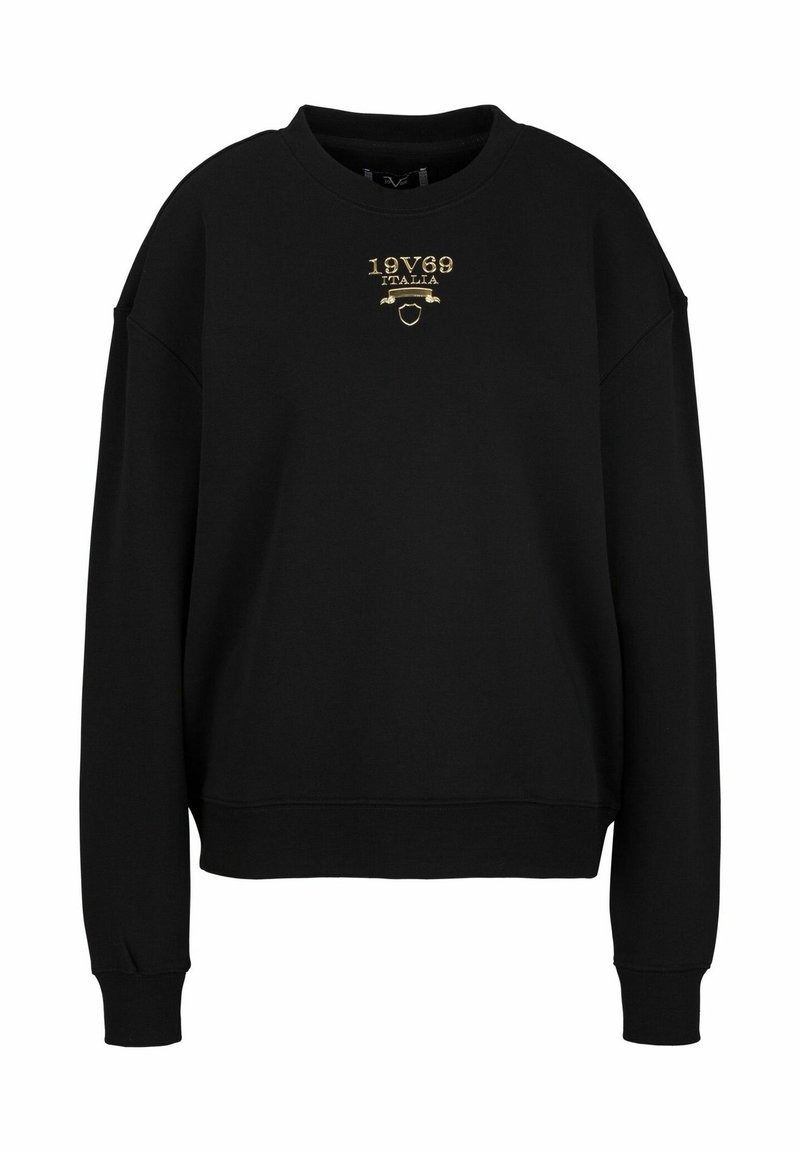 Black sweatshirt with a crew neckline, drop shoulders, and ribbed cuffs. Features gold embroidery reading "19V69 ITALIA" on the front.