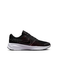 Schwarzer sportlicher Sneaker mit strukturiertem Obermaterial, roten Akzenten und weißer Sohle. Verfügt über eine abgerundete Zehenpartie und ein Schnürdesign für einen sicheren Sitz.