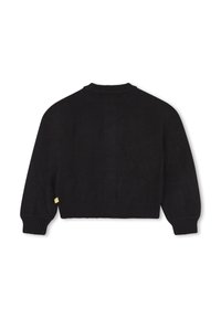 Czarny krótki sweter z długimi rękawami, prążkowanymi mankietami i dołem. Gładka faktura, okrągły dekolt i mała żółta metka z boku.