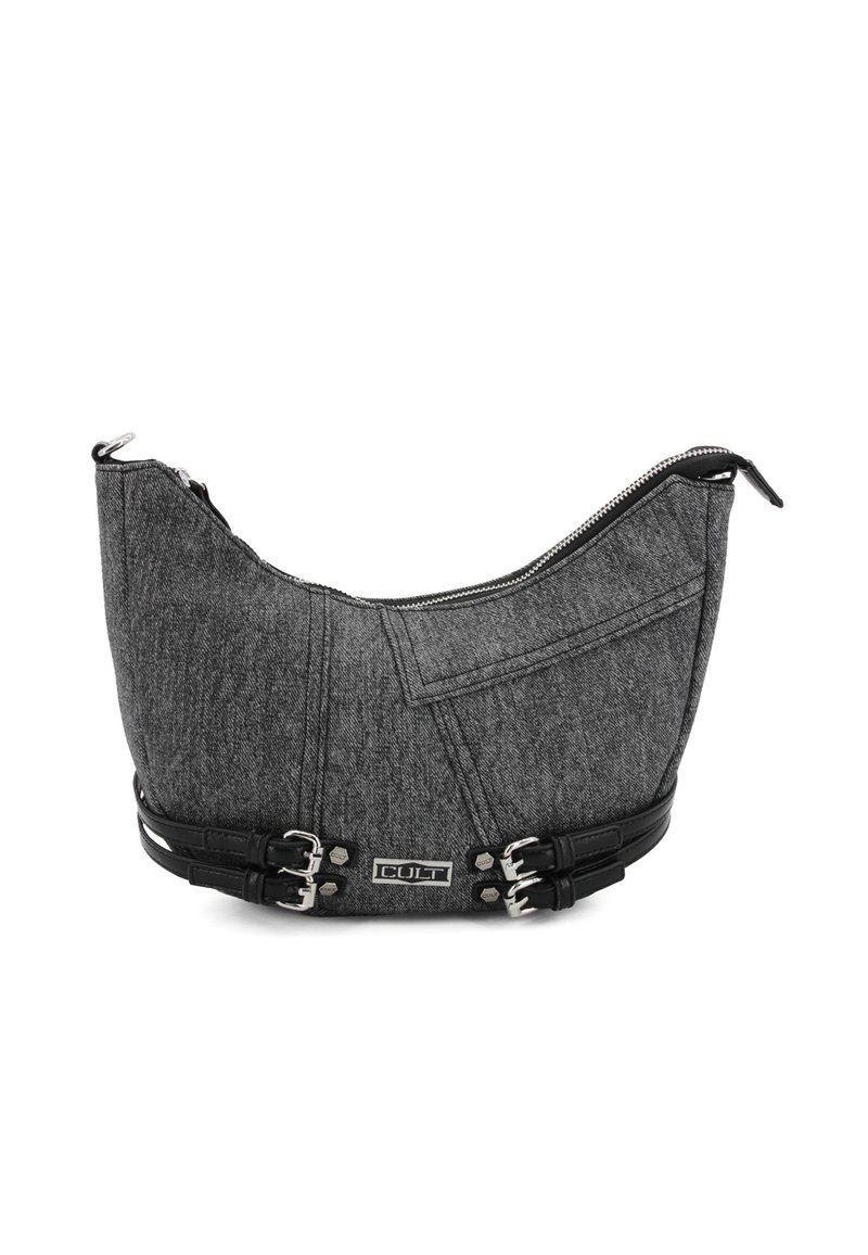Borsa a spalla in tessuto grigio con una forma arrotondata e strutturata, caratterizzata da dettagli in pelle nera e accessori in metallo argentato per la chiusura e la decorazione.