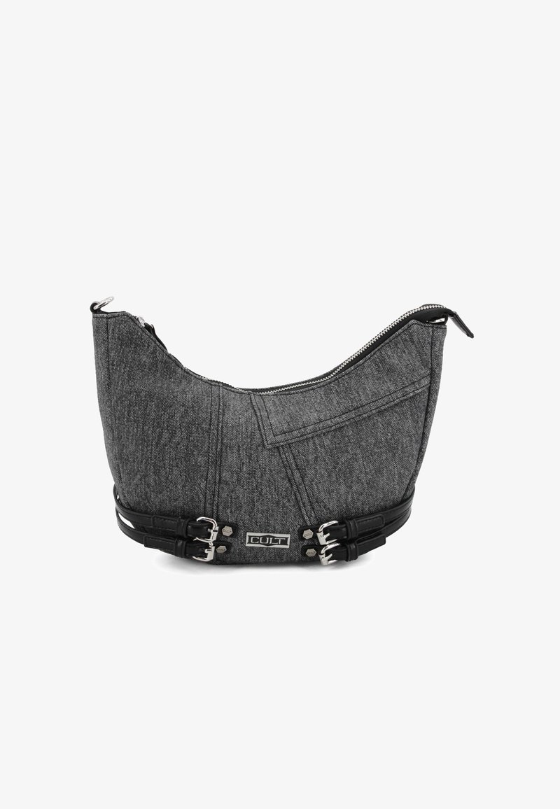 Borsa a spalla in tessuto grigio con una forma arrotondata e strutturata, caratterizzata da dettagli in pelle nera e accessori in metallo argentato per la chiusura e la decorazione.