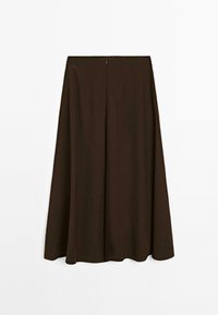 Brown A-line skirt made of a soft, textured fabric. Features a discreet back zipper and falls to mid-calf length. Simple design, no patterns.