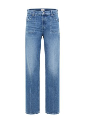 Jean en denim bleu clair avec une coupe droite ; comportant deux poches avant, une fermeture à bouton et des surpiqûres le long des coutures.