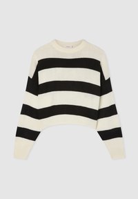 Sweter z bawełny z domieszką, krótki, z wyraźnymi czarno-białymi poziomymi paseczkami, okrągłym dekoltem oraz ściągaczami na rękawach i u dołu.