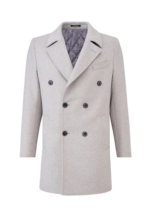Double-breasted grey wool coat with a notched collar, black buttons, and a patterned purple interior lining. Side pockets included.