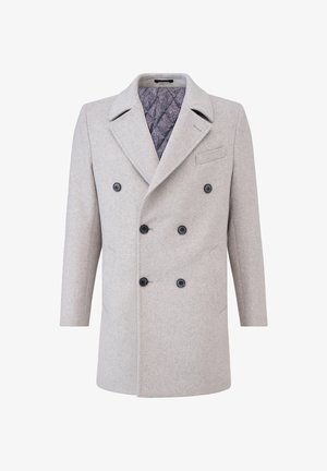 Dubbelzijdige grijze wollen jas met een notch-kraag, zwarte knopen en een patroon van paarse binnenvoering. Inclusief zijzakken.