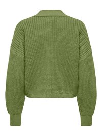 Pull vert en grosse maille avec manches longues, poignets côtelés et col court, vu de dos sur fond blanc.