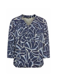 Marineblauwe blouse met een v-hals en 3/4 mouwen. Geheel voorzien van een bladerenpatroon in lichtblauw en wit, met een geraffineerde zoom voor een ontspannen pasvorm.