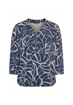 Marineblauwe blouse met een v-hals en 3/4 mouwen. Geheel voorzien van een bladerenpatroon in lichtblauw en wit, met een geraffineerde zoom voor een ontspannen pasvorm.