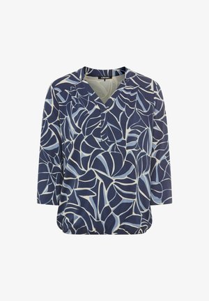 Blouse bleu marine avec un col en V et des manches 3/4. Arborant un motif de feuilles en bleu clair et blanc, avec un ourlet froncé pour un fallé décontracté.