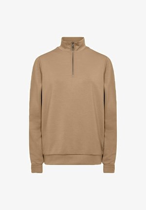 Lysebrun pullover med høj krave og kvart lynlås. Lavet af et blødt stof, med lange ærmer og en afslappet pasform.