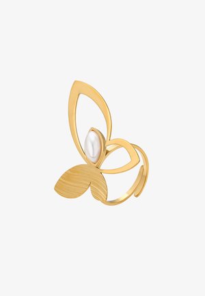 Inel din aur în formă de flutură, cu o frunză texturată și o perlă albă centrală. Designul este deschis și minimalistic, cu linii netede.