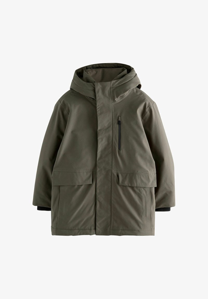 Olive green waterproof jacket with a hood, front zip, and two large front pockets. Features a small zippered chest pocket and ribbed cuffs.