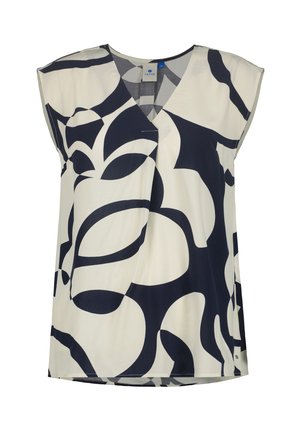 Ærmeløs bluse med V-hals, abstrakt sort-hvidt blomstermønster og løs pasform.