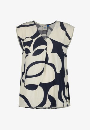 Blusa sin mangas con cuello en V, patrón floral abstracto en blanco y negro y un corte holgado.