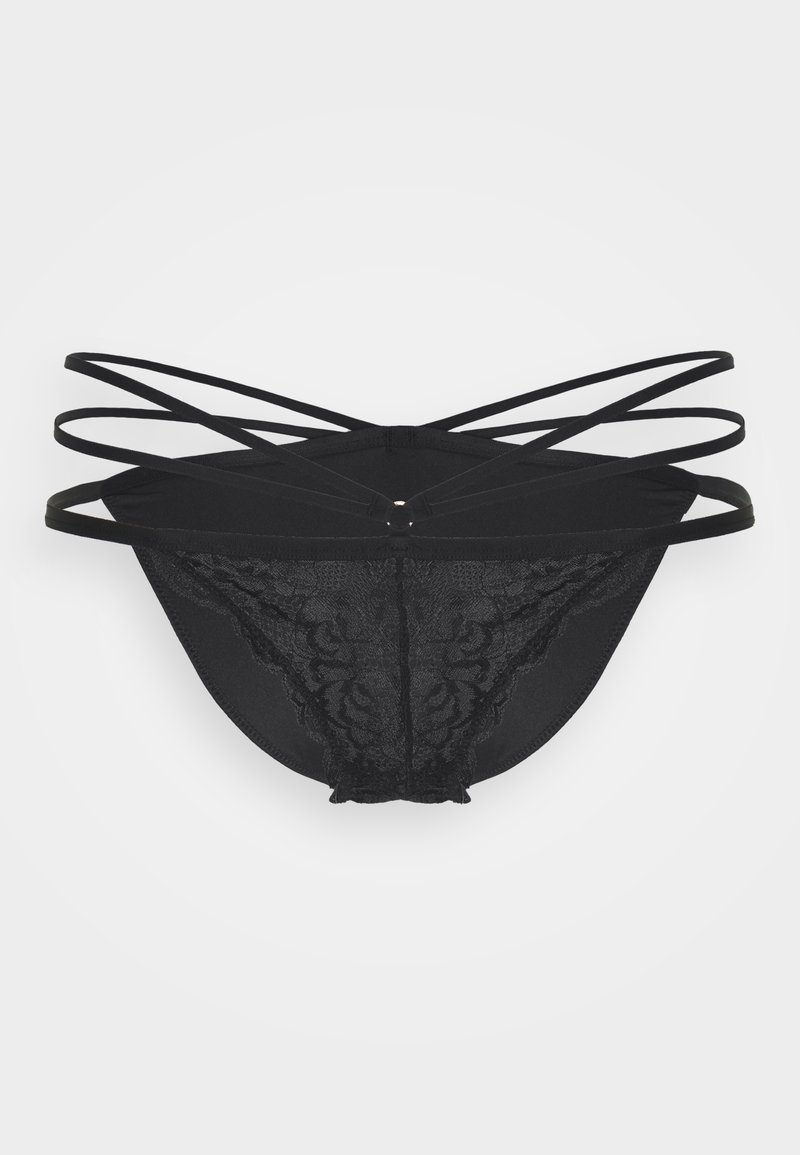Μαύρα εσώρουχα με δαντελένιο μπροστινό μέρος και πολλαπλές σταυρωτές τιράντες στην πλάτη, με λεία υφή και λεπτομέρεια κομψού σχεδιασμού.