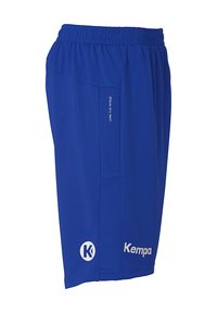 Blauwe sportshorts van glad, lichtgewicht materiaal. Beschikt over een elastische tailleband, mesh details, zijnaadzakken en logo-accenten.