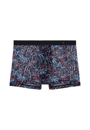 Boxershortsit joustavasta kankaasta, joissa on näyttävä musta tausta ja värikkäitä kukkakuvioita sinisen, vaaleanpunaisen ja oranssin sävyissä.