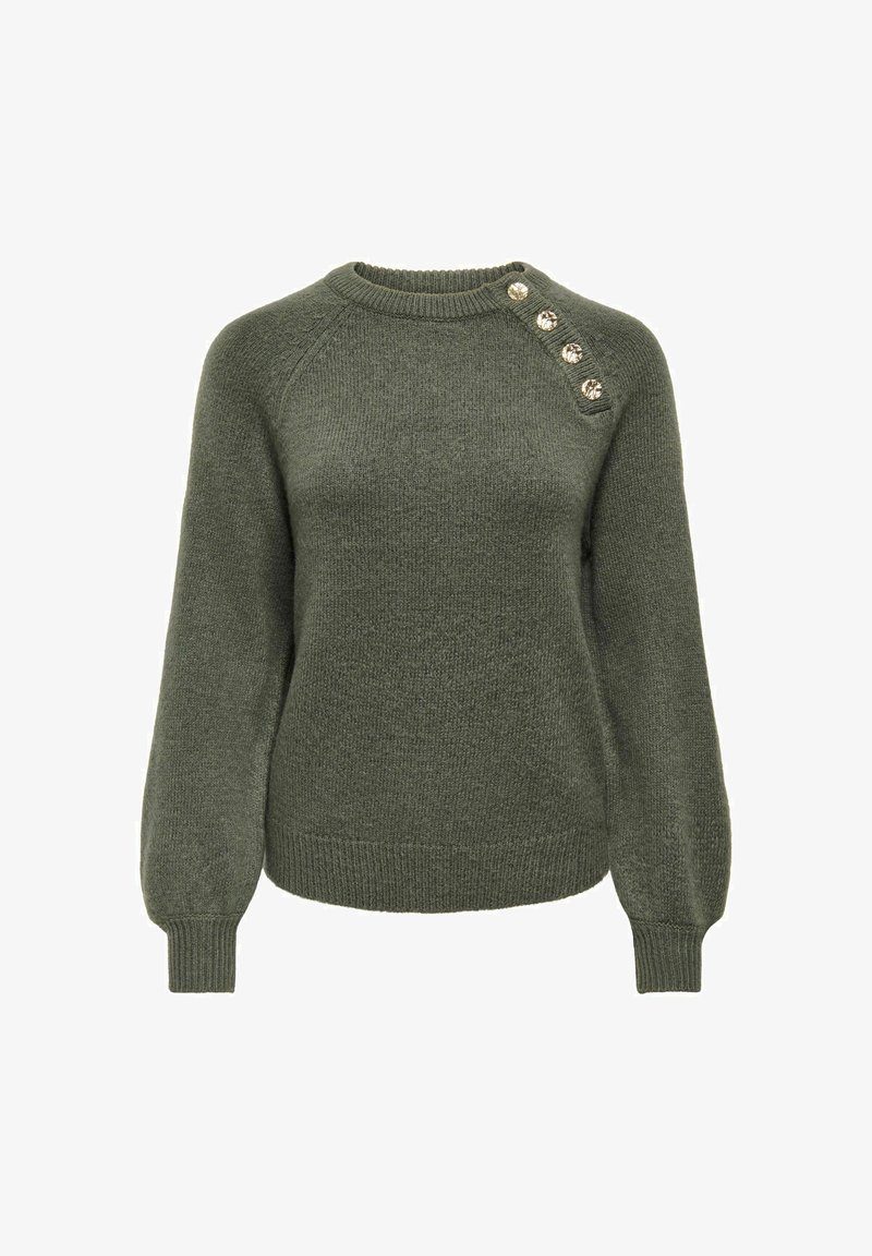 Pull en maille vert foncé à manches longues, poignets et ourlet côtelés, et quatre boutons décoratifs dorés sur l'épaule gauche.