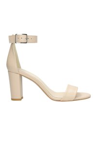 Beige high-heeled sandal with a wide toe strap, a narrow ankle strap with a metal buckle, and a square block heel. Smooth leather finish.