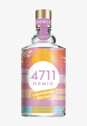 Klare Glasflasche mit goldfarbenem Verschluss, Etikett zeigt stilisierten Sonnenuntergang, "4711 REMIX" und den Text "CALIFORNIA FEELING" in Pastellfarben.