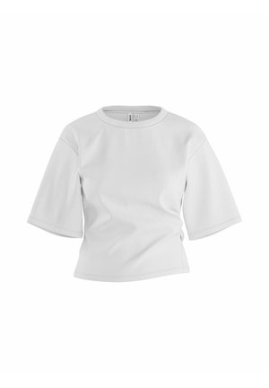 Top blanc à manches courtes avec col rond, coupe décontractée et manches légèrement évasées sur fond blanc uni.