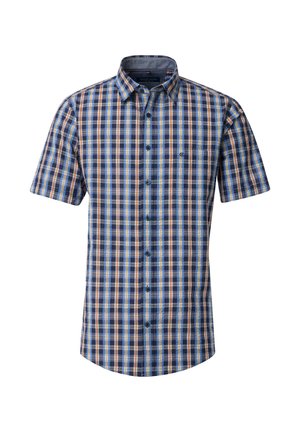 Short-sleeved button-up shirt in blue, brown, and beige plaid pattern. Features a standard collar and left chest pocket. Cotton blend fabric.