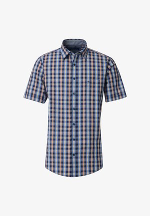Kurzärmeliges Hemd mit Knopfleiste in blau, braun und beige Karo-Muster. Verfügt über einen Standardkragen und eine Brusttasche auf der linken Seite. Aus einem Baumwollgemisch gefertigt.