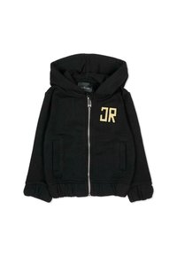 Hoodie noir en coton mélangé avec fermeture éclair, poches avant et logo doré "JR". Présente un ourlet en volants et des poignets détaillés.