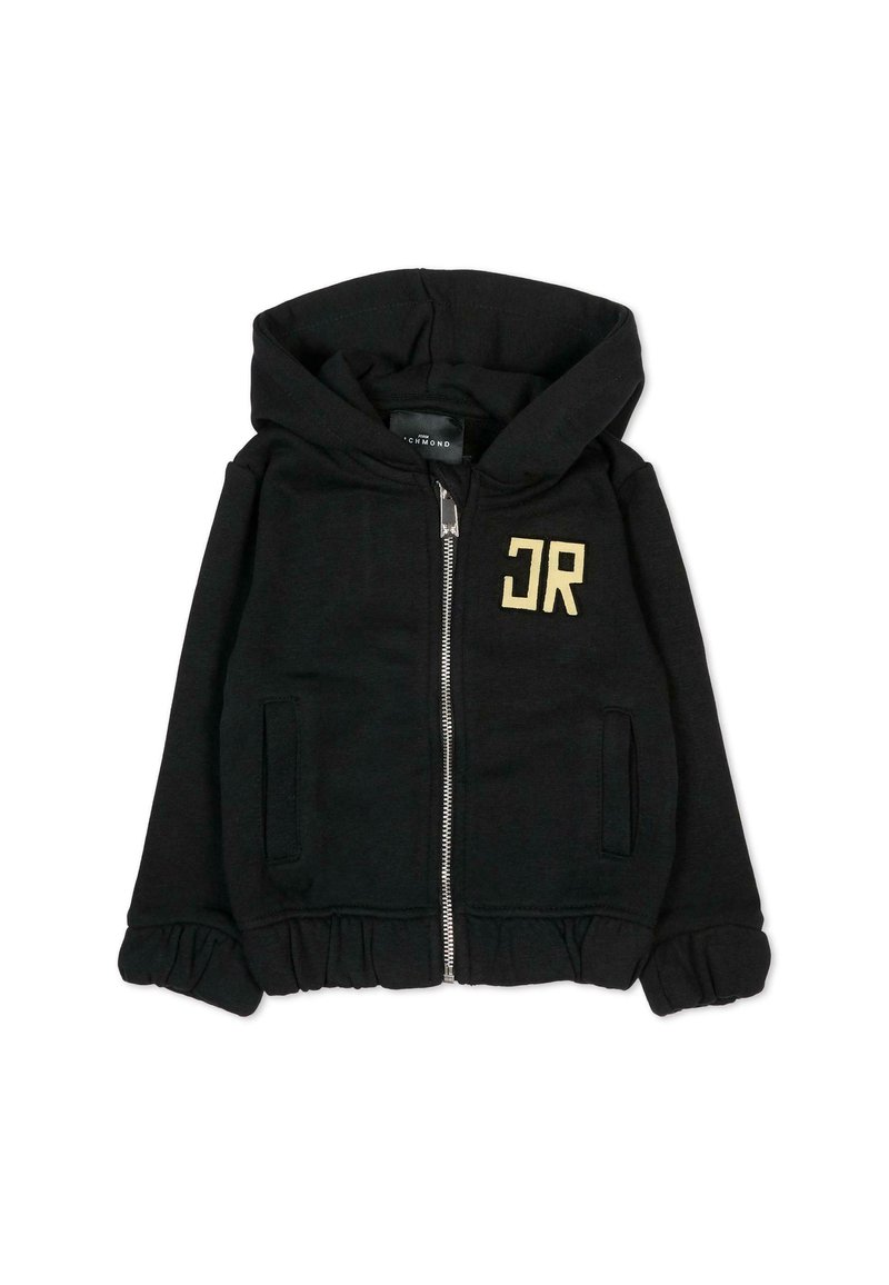 Hoodie noir en coton mélangé avec fermeture éclair, poches avant et logo doré "JR". Présente un ourlet en volants et des poignets détaillés.