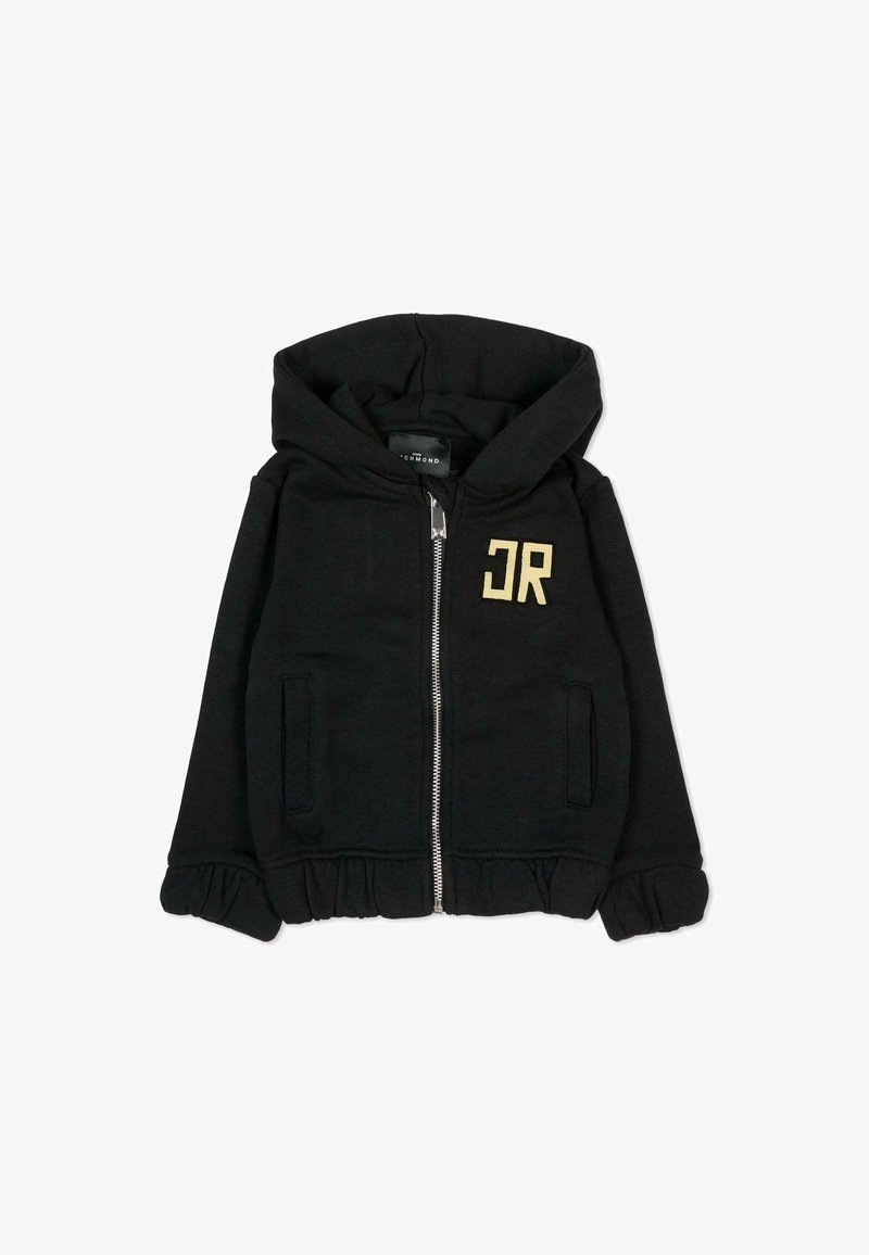 Hoodie noir en coton mélangé avec fermeture éclair, poches avant et logo doré "JR". Présente un ourlet en volants et des poignets détaillés.