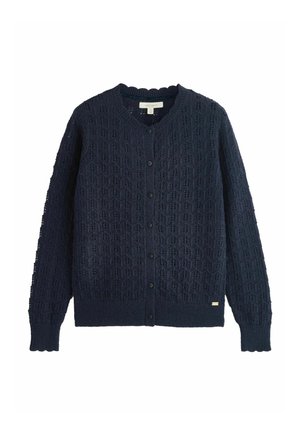 Marineblauer, gestrickter Cardigan mit Knöpfen, langen Ärmeln und einem dezenten, strukturierten Muster, mit gerippten Bündchen und Saum sowie einem runden Ausschnitt.