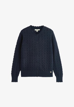 Marineblauer, gestrickter Cardigan mit Knöpfen, langen Ärmeln und einem dezenten, strukturierten Muster, mit gerippten Bündchen und Saum sowie einem runden Ausschnitt.