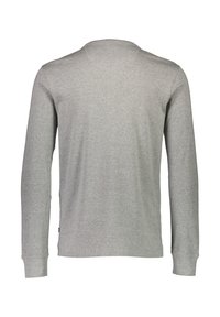 Langärmliges graues T-Shirt aus weicher Baumwolle. Einfacher runder Ausschnitt, gerade Säume und Bündchen. Keine Muster oder Grafiken.