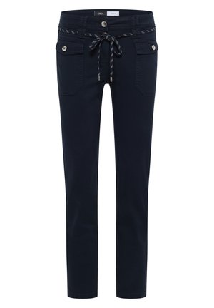 Marineblaue, schlanke Hose mit knöpfbaren Fronttaschen und gemustertem Kordelzuggürtel an der Taille.