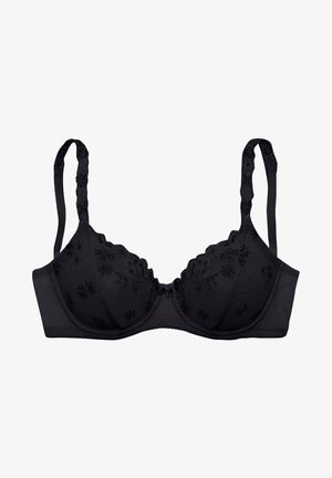 Črn modrček z vezenim cvetličnim vzorcem, podložena skodelica, nastavljive naramnice in gladka tekstura. Brez oblazinjenja, preprost zapon za zapiranje.