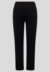 Black stretchy trousers with a smooth texture, featuring a fitted waistband and two back pockets, tapering at the ankles.