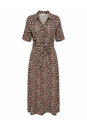Robe midi à imprimé léopard beige et noir avec des manches courtes, un col et une taille ceinturée. Fabriquée en tissu lisse avec une coupe décontractée.