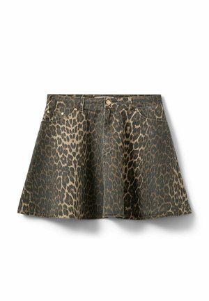 Tumesiniste ja beežide toonidega leopardimustriline teksaseelik. Varustatud nööpidega kinnitusega ja viie taskuga disainiga.