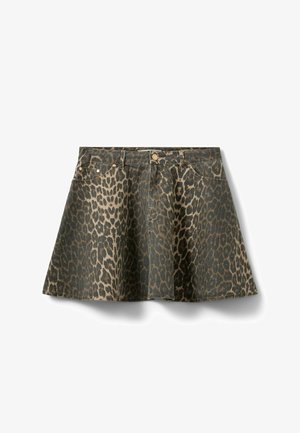 Tumesiniste ja beežide toonidega leopardimustriline teksaseelik. Varustatud nööpidega kinnitusega ja viie taskuga disainiga.