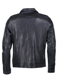 Zwarte leren jacket, met een gladde textuur, staande kraag en stiksel details. De achterkant toont een getailleerd ontwerp met lange mouwen.