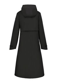 Cappotto lungo nero impermeabile con cappuccio, caratterizzato da un design dritto elegante, maniche lunghe e dettagli in Velcro sui polsini. Texture liscia.