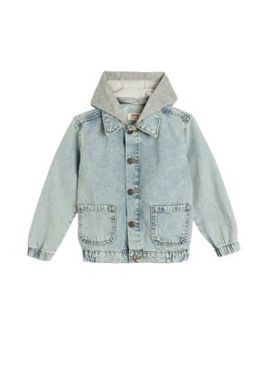 Lyseblå denimjakke med grå hætte, med knaplukning, to forlommer og elastiske manchetter for en tæt pasform.