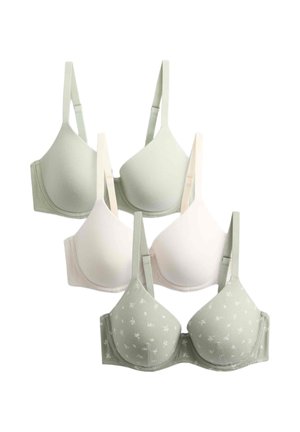Cinque reggiseni da donna leggermente imbottiti in verde chiaro, beige e verde chiaro con stampa floreale bianca, con spalline regolabili e sostegno con ferretto.